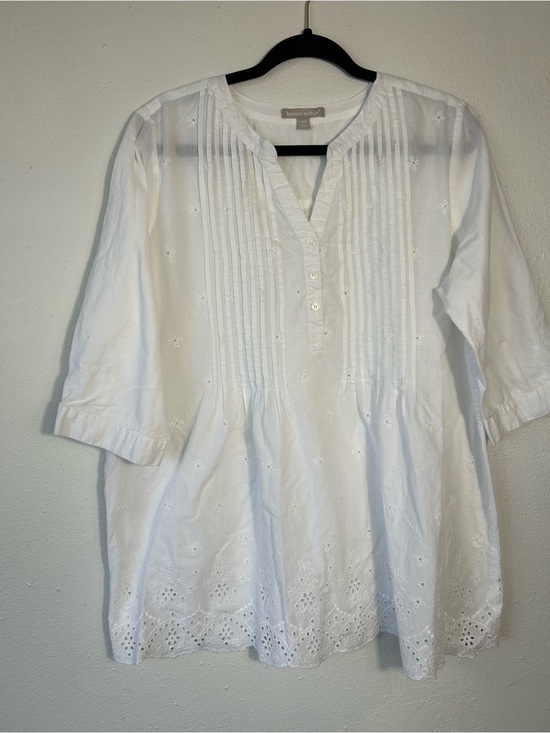 Woman Within Tops - Woman Within White Eyelet Pintuck Tunic Top Plus Size L 18/20 Cotton Boho Blouse